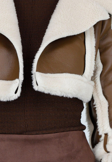 NEW081025 Korte Lederlook Jas met Bont