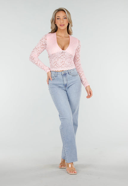 NEW081025 Lichtroze Kant Stretch Crop Top
