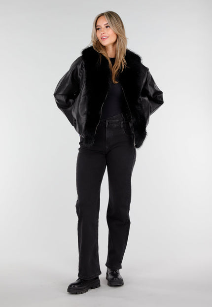 NEW081025 Zwarte Lederlook Jas met Bontkraag