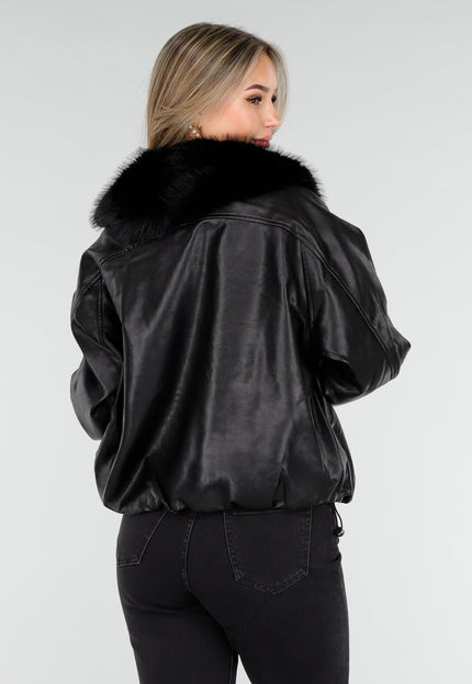 NEW081025 Zwarte Lederlook Jas met Bontkraag