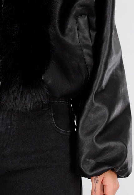 NEW081025 Zwarte Lederlook Jas met Bontkraag