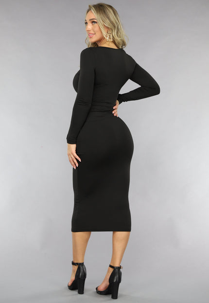 NEW0811 Basic Zwarte Longsleeve Bodycon Jurk