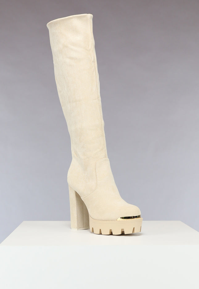 OP=OP.40.NL Beige Plateau Knielaarzen met Gouden Details