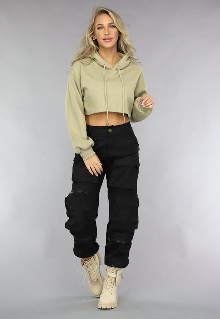 NEW0811 Khaki Cropped Hoodie met Pofmouwen