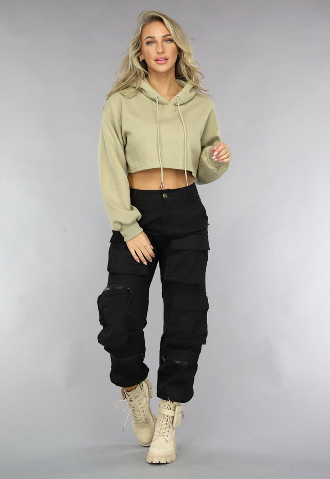 NEW0811 Khaki Cropped Hoodie met Pofmouwen