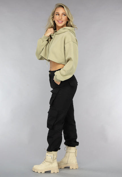 NEW0811 Khaki Cropped Hoodie met Pofmouwen