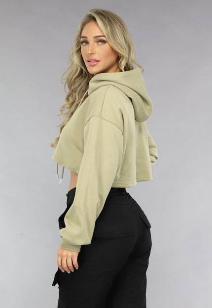 NEW0811 Khaki Cropped Hoodie met Pofmouwen