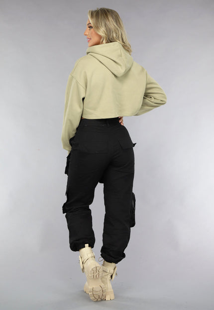 NEW0811 Khaki Cropped Hoodie met Pofmouwen