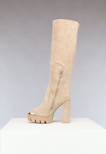 NEW0811 Khaki Plateau Knielaarzen met Gouden Details