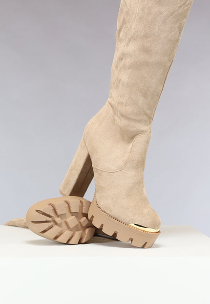 NEW0811 Khaki Plateau Knielaarzen met Gouden Details