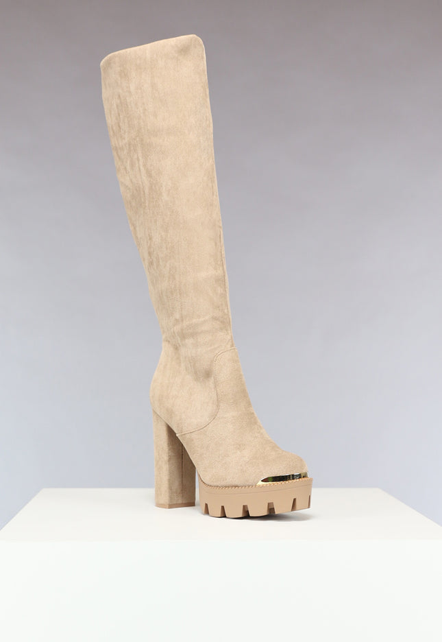 NEW0811 Khaki Plateau Knielaarzen met Gouden Details