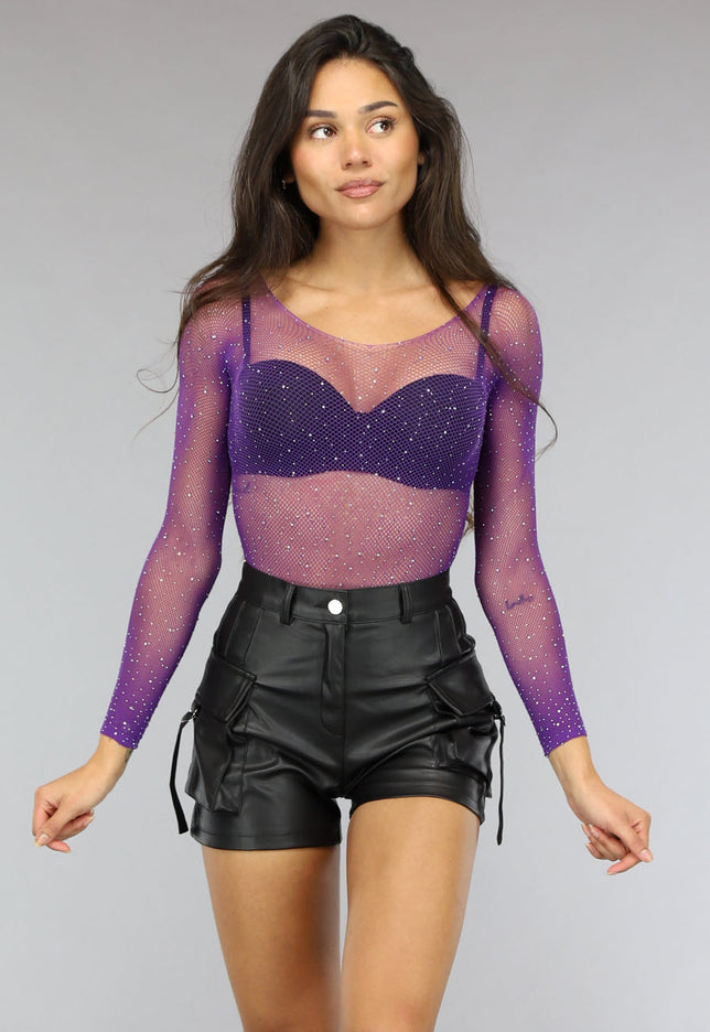 NEW0811 Paarse Bodysuit met Strass Steentjes