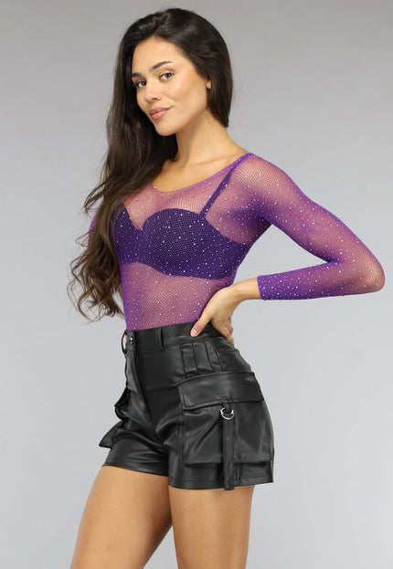 NEW0811 Paarse Bodysuit met Strass Steentjes