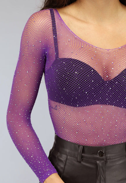 NEW0811 Paarse Bodysuit met Strass Steentjes