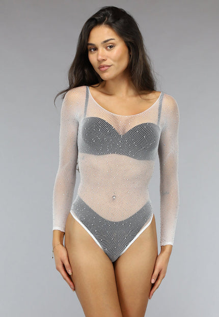 NEW0811 Witte Off Shoulder Bodysuit met Glitter Steentjes