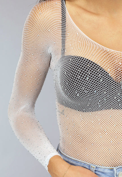 NEW0811 Witte Off Shoulder Bodysuit met Glitter Steentjes