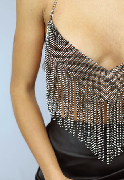 SALESELECTIE Zwart Fringe Topje met Zilveren Strass Steentjes