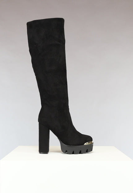 NEW0811 Zwarte Plateau Knielaarzen met Gouden Details