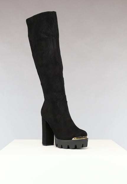 NEW0811 Zwarte Plateau Knielaarzen met Gouden Details