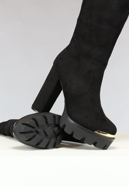 NEW0811 Zwarte Plateau Knielaarzen met Gouden Details