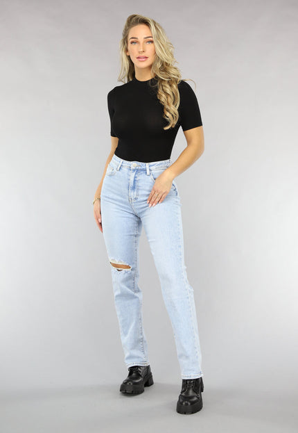 NEW0811 Zwarte Ribstof Bodysuit met Hoge Hals