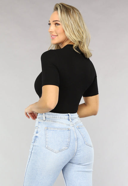 NEW0811 Zwarte Ribstof Bodysuit met Hoge Hals