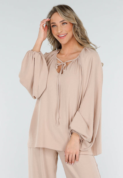 Beige Linnenlook Blouse met V-hals