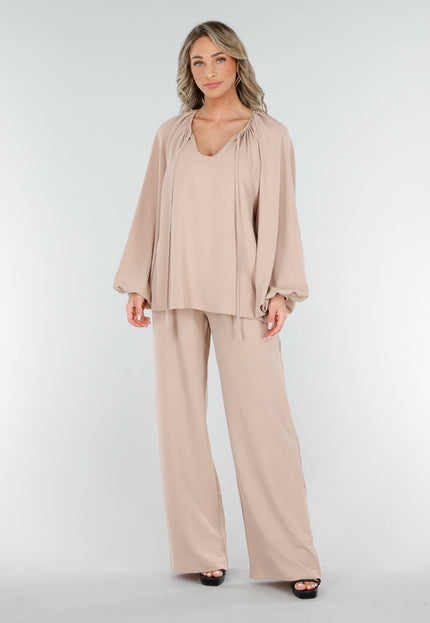 Beige Linnenlook Blouse met V-hals