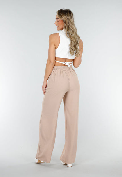 NEW090425 Beige Linnenlook Broek met Zakken