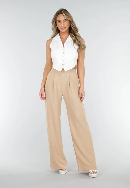 NEW090425 Beige Linnenlook Broek met Zakken