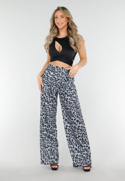 NEW090425 High Waist Leopard Print Broek met Linnenlook