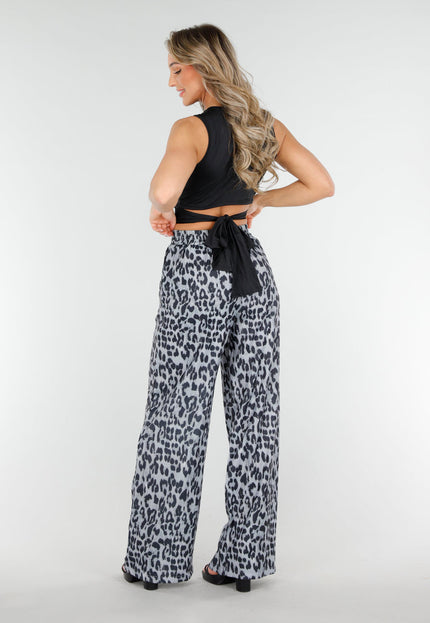 NEW090425 High Waist Leopard Print Broek met Linnenlook