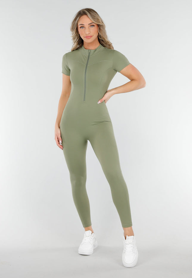 NEW090425 Khaki Groen Stretch Sport Jumpsuit