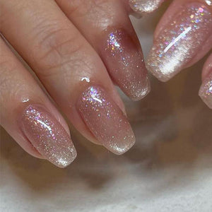 NEW090425 Vierkante Lichtroze Glanzende Kunstnagels met Glitters