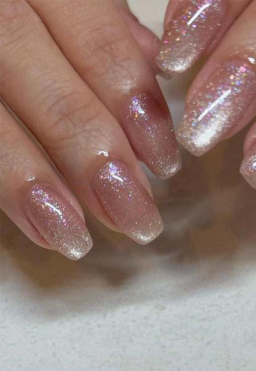 NEW090425 Vierkante Lichtroze Glanzende Kunstnagels met Glitters