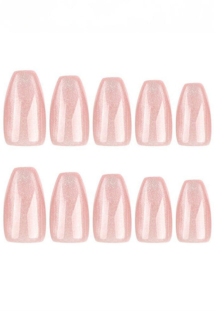 NEW090425 Vierkante Lichtroze Glanzende Kunstnagels met Glitters