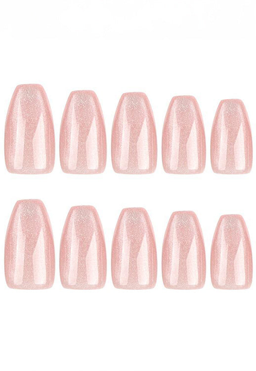 NEW090425 Vierkante Lichtroze Glanzende Kunstnagels met Glitters