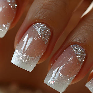 NEW090425 Vierkante Witte Ombre French Kunstnagels met Zilveren Glitters