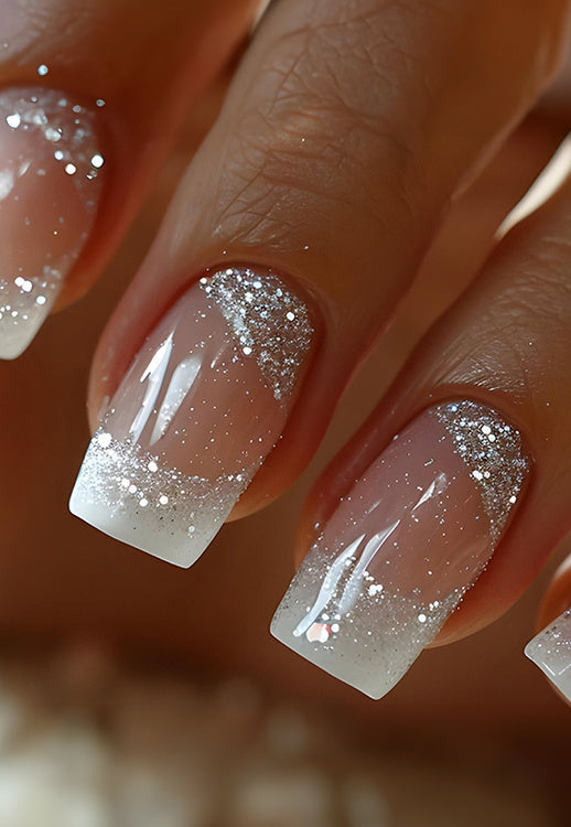 NEW090425 Vierkante Witte Ombre French Kunstnagels met Zilveren Glitters