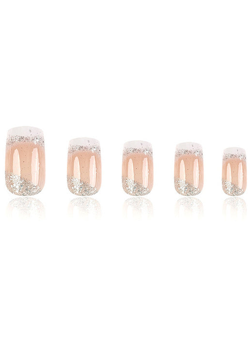NEW090425 Vierkante Witte Ombre French Kunstnagels met Zilveren Glitters
