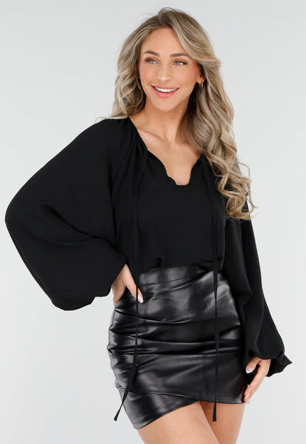 NEW090425 Zwart Geknoopte Blouse met V-hals