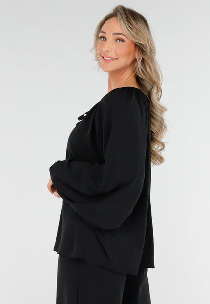 NEW090425 Zwart Geknoopte Blouse met V-hals