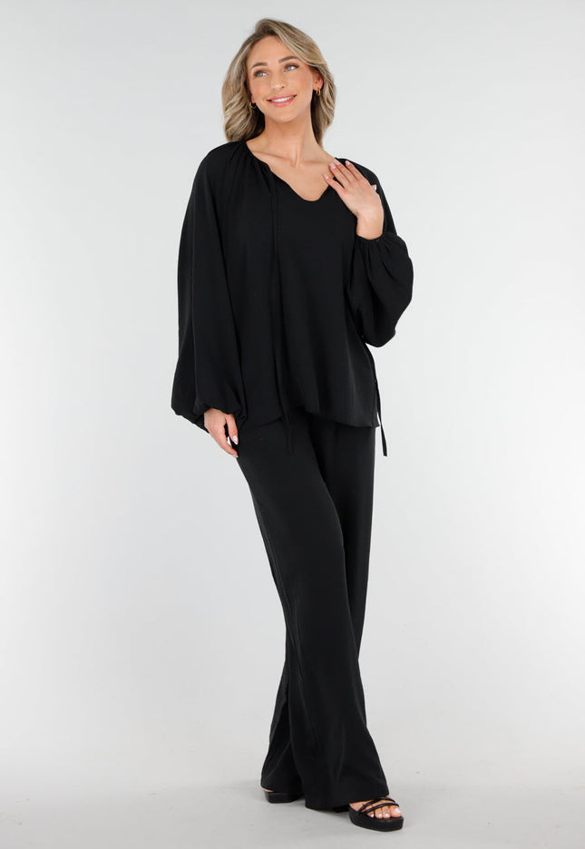 NEW090425 Zwart Geknoopte Blouse met V-hals