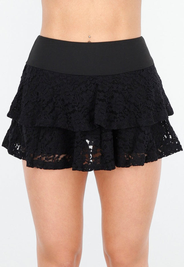 NEW090425 Zwarte Gelaagde Skort van Kant