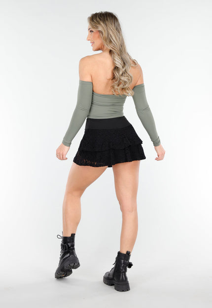 NEW090425 Zwarte Gelaagde Skort van Kant