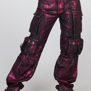 OP=OP.03.R Zwarte Mid Waist Tall Cargo Jeans met Roze Metallic coating
