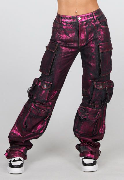 OP=OP.03.R Zwarte Mid Waist Tall Cargo Jeans met Roze Metallic coating