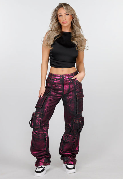 OP=OP.03.R Zwarte Mid Waist Tall Cargo Jeans met Roze Metallic coating