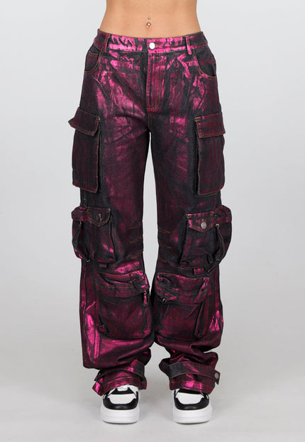 OP=OP.03.R Zwarte Mid Waist Tall Cargo Jeans met Roze Metallic coating