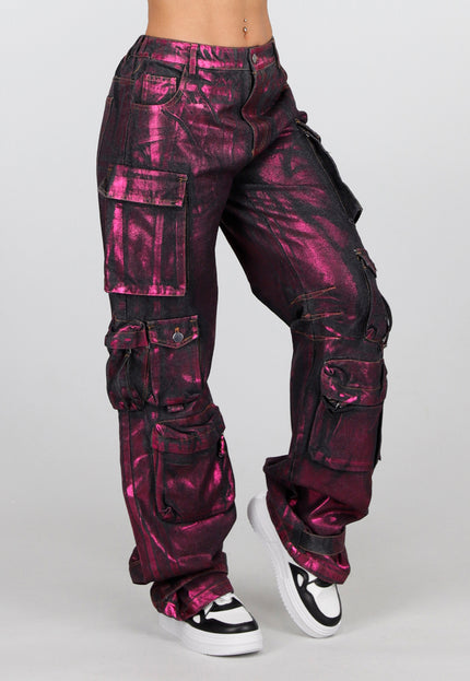 OP=OP.03.R Zwarte Mid Waist Tall Cargo Jeans met Roze Metallic coating